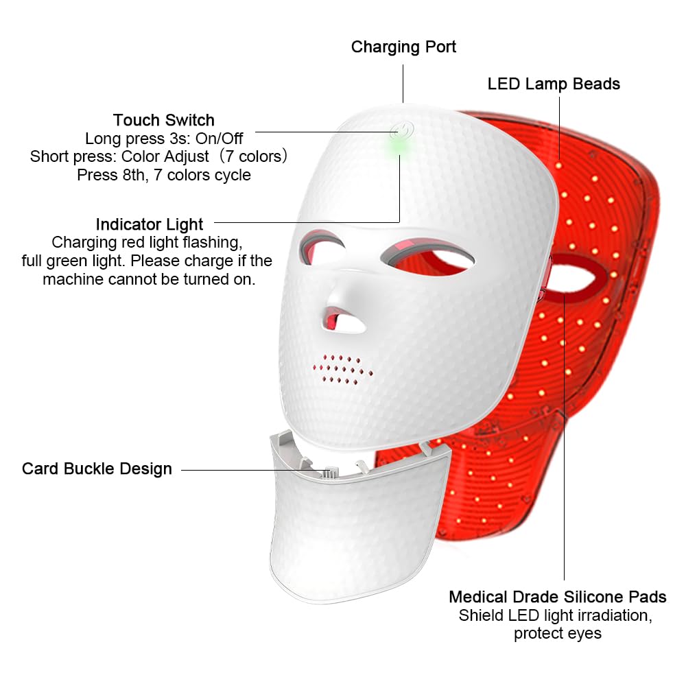 Rotlichttherapie für Gesicht und Hals, LED-Gesichtsmaske, Lichttherapie, 7 Farben, Lichtmaske, kabellos und wiederaufladbar, für Zuhause und auf Reisen
