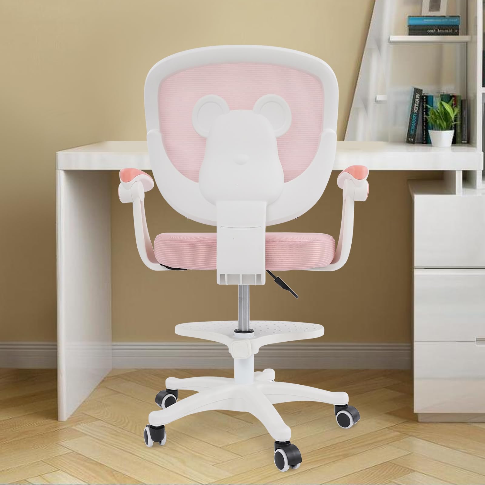 Silla de escritorio infantil giratoria 360°, altura regulable, silla infantil con respaldo y reposabrazos, para niños a partir de 6 años, silla giratoria de oficina con 5 ruedas, color rosa