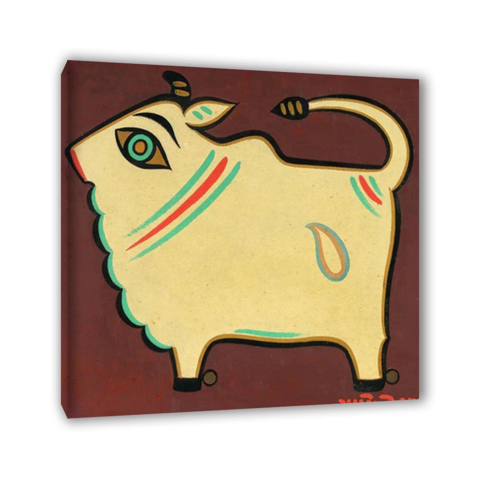 Famoso cartel y grabados de Jamini Roy. Reproducción de Cuadros en Lienzo "Toro". Listo para colgar lienzo moderno decoración de cuadros de pared. Enmarcado en madera 50x50cm(19.6x19.6in) Enmarcado
