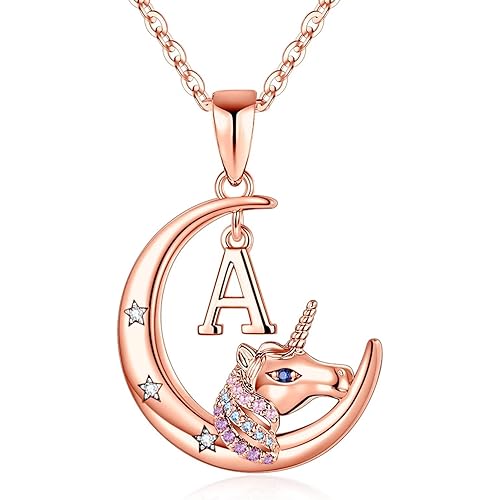 Unicorns Gifts for Girls - 14K White/Rose Gold/Gold Plated Crescent Moon Pendant Unicorn Necklaces for Girls Colorful CZ Initial Unicorn Necklace Jewelry Birthday Gifts Unicorn Gifts for Girls Women