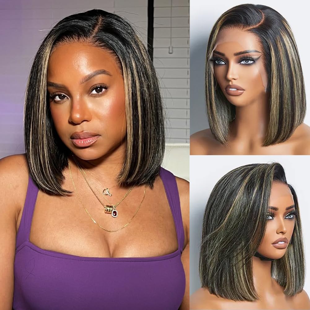 SKYDO Highlight Ombre Bob Wig Human Hair 13x4 Lace Front Wigs P1B/27 Highlight Honey Blonde Lace Front Wigs Human Hair Pre Plucked Hairline 180%