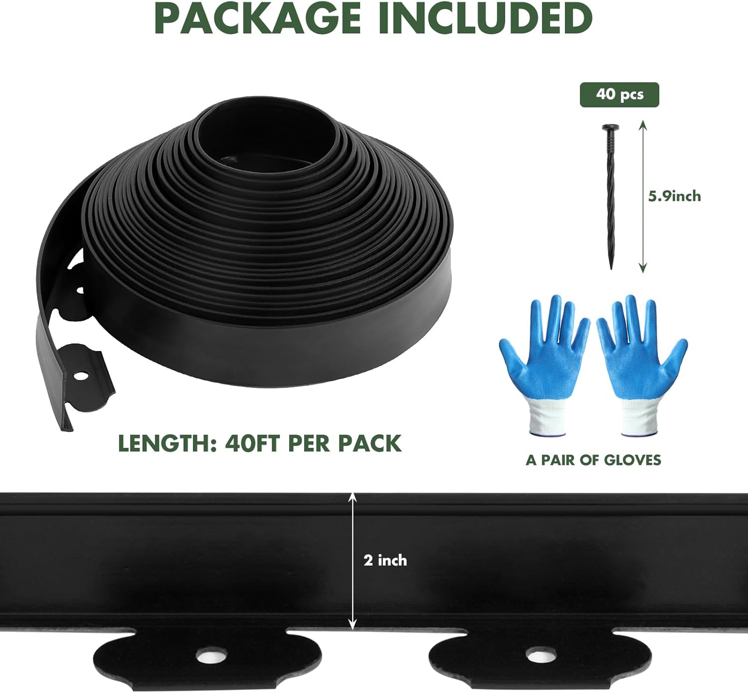 2in Tall 40FT Landscape Edging Kit, Garden Edging Coil with 40pcs Spikes, Edging Border for Yard,Landscaping,Lawn,Flower Beds&Landscaping