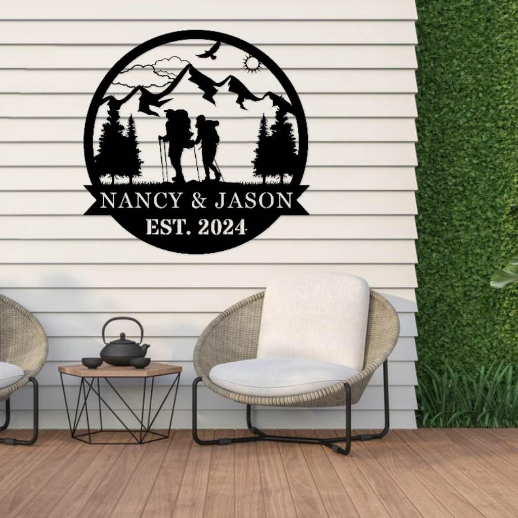 Custom Hiking Monogram Metal Sign - Personalized Mountain Wall Art, Modern Home Office Decor, Gift for Hiker, Adventurer, Outdoorsman