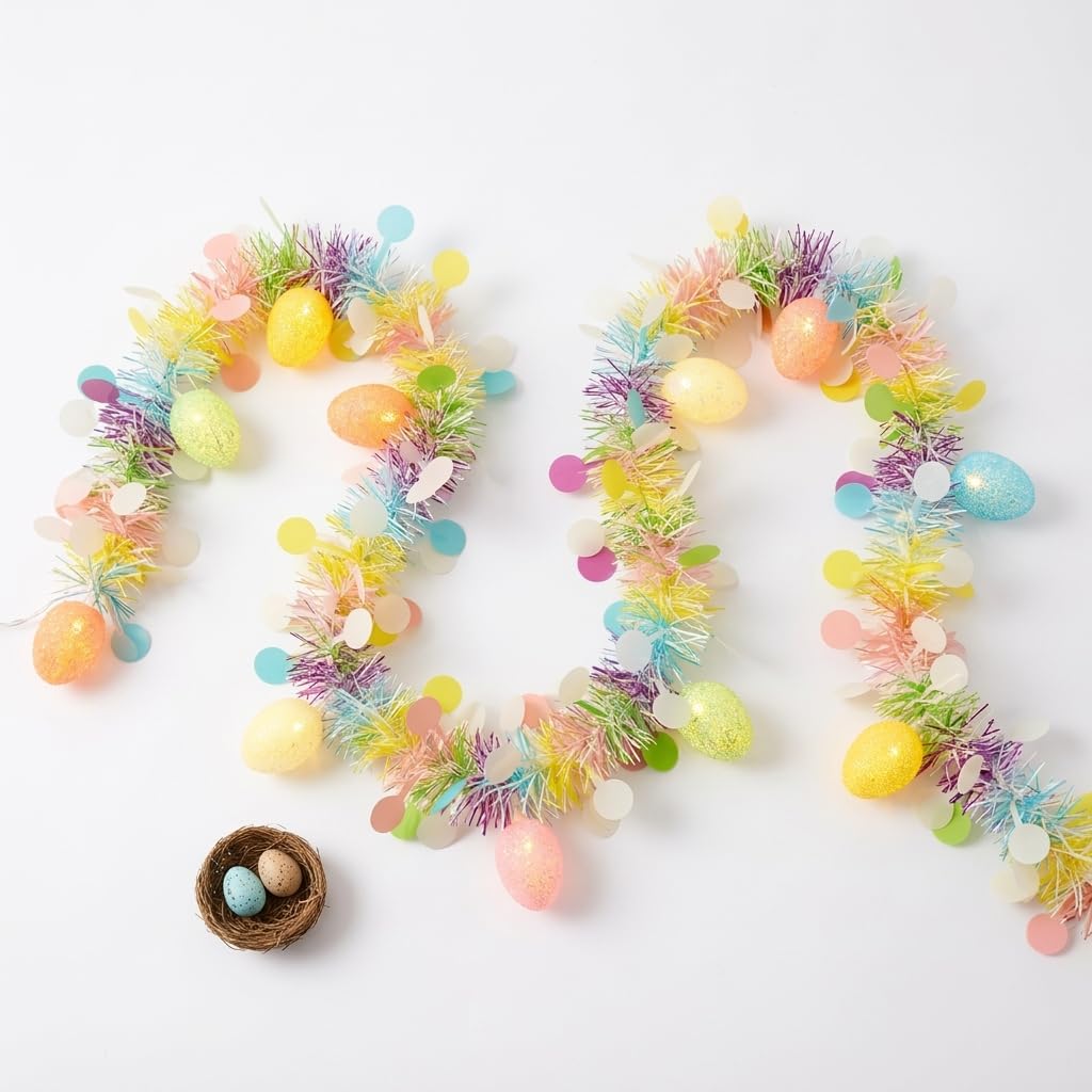 JISADER 6.56Ft Easter Garland with Lights, Easter Egg Whimsical Heart Shaped Fairy Romantic Lighted for Families, Home Stylists, Indoor, Bedroom, Fireplace,10 LED Battery