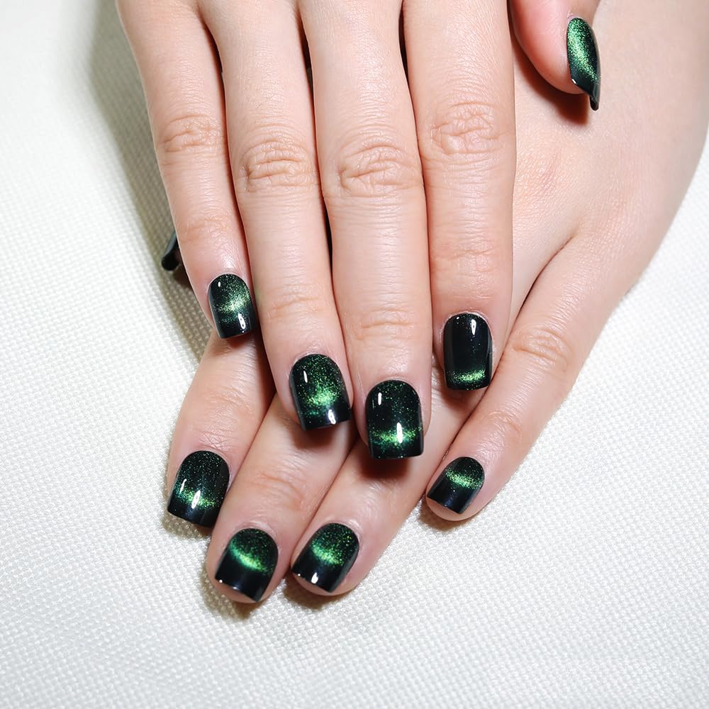 Green Press On Nails Short Square,Cat Eye Fake Nails,Defined Smile Line Design with a Radiant Gloss Effect, Glossy Gel Finish Acrylic Short Press On