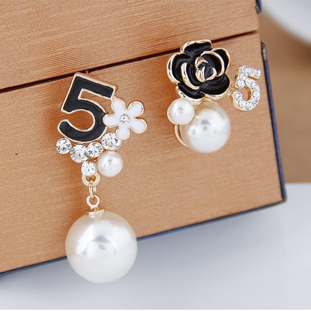 Faux Imitation Pearl White Black Floral Dangle Drop Earrings Studs for Women