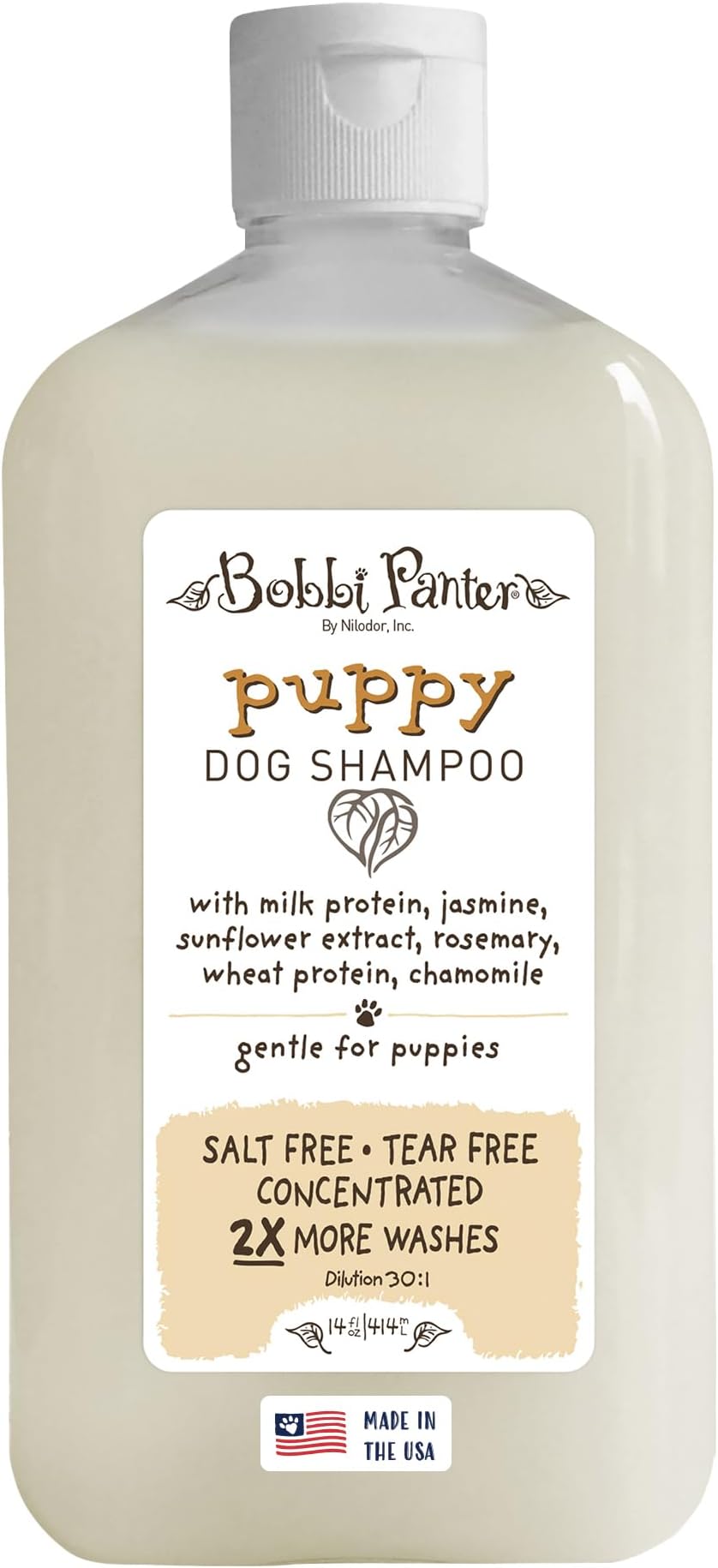 Bobbi Panter Puppy Dog Shampoo Milk Protein, Jasmine, Sunflower & Chamomile – Gentle Nourishing Formula for Puppies & Sensitive Skin, Tear-Free, 30:1 Concentrate, Made in USA, 14 oz