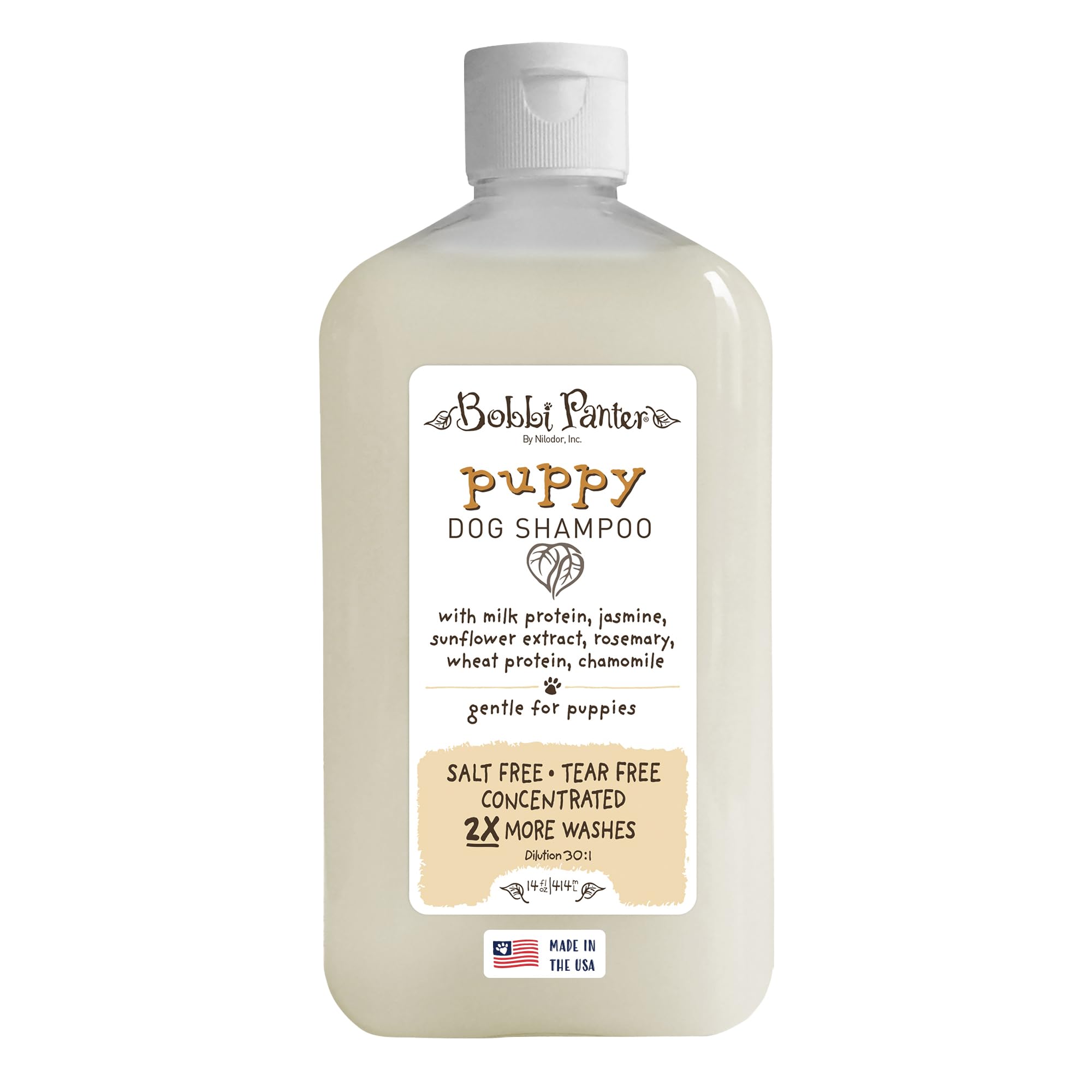 Bobbi Panter Puppy Dog Shampoo Milk Protein, Jasmine, Sunflower &amp; Chamomile – Gentle Nourishing Formula for Puppies &amp; Sensitive Skin, Tear-Free, 30:1 Concentrate, Made in USA, 14 oz