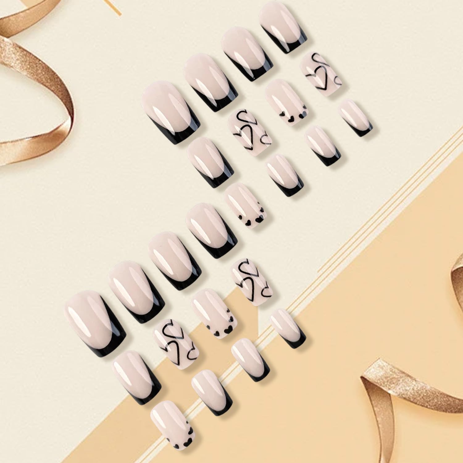 24 sztuki French Tip Press on Nails krótkie kwadratowe sztuczne paznokcie krótkie, czarne, akrylowe paznokcie z białym sercem, do naklejania, Fake Nails Soft Gel Extra Short naturalne i przyjemne