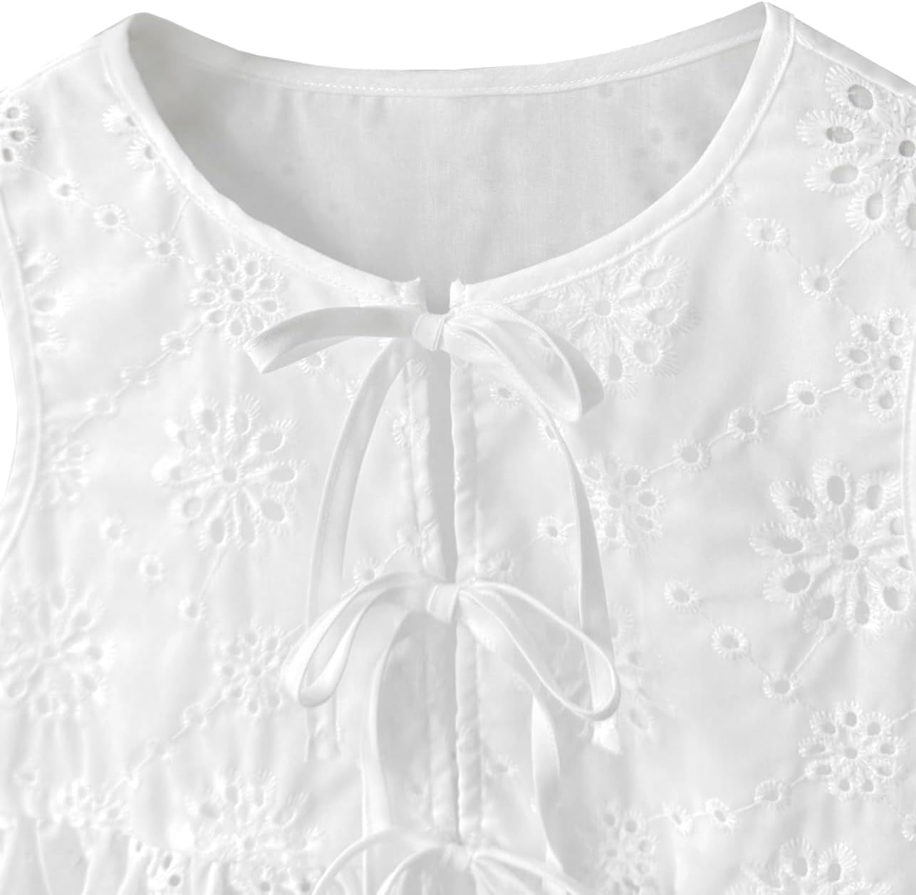 Girls Tank Tops Eyelet Embroidery Sleeveless Top Bow Ties Peplum Tank Blouse - Image 3