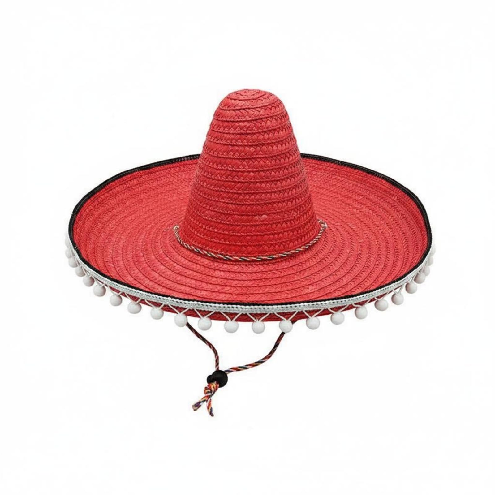 kowaku Mexican Hat Straw Sombreros with Attached White Pom Poms, Red