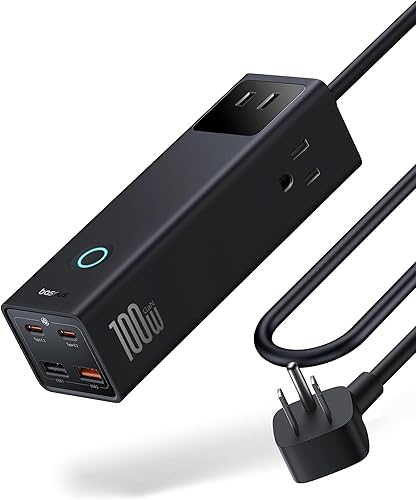 Baseus Estación de carga de 100 W - Tira de alimentación 7 en 1, cargador USB C con protección contra sobretensiones, 3 AC, 2 USB-C, 2 puertos