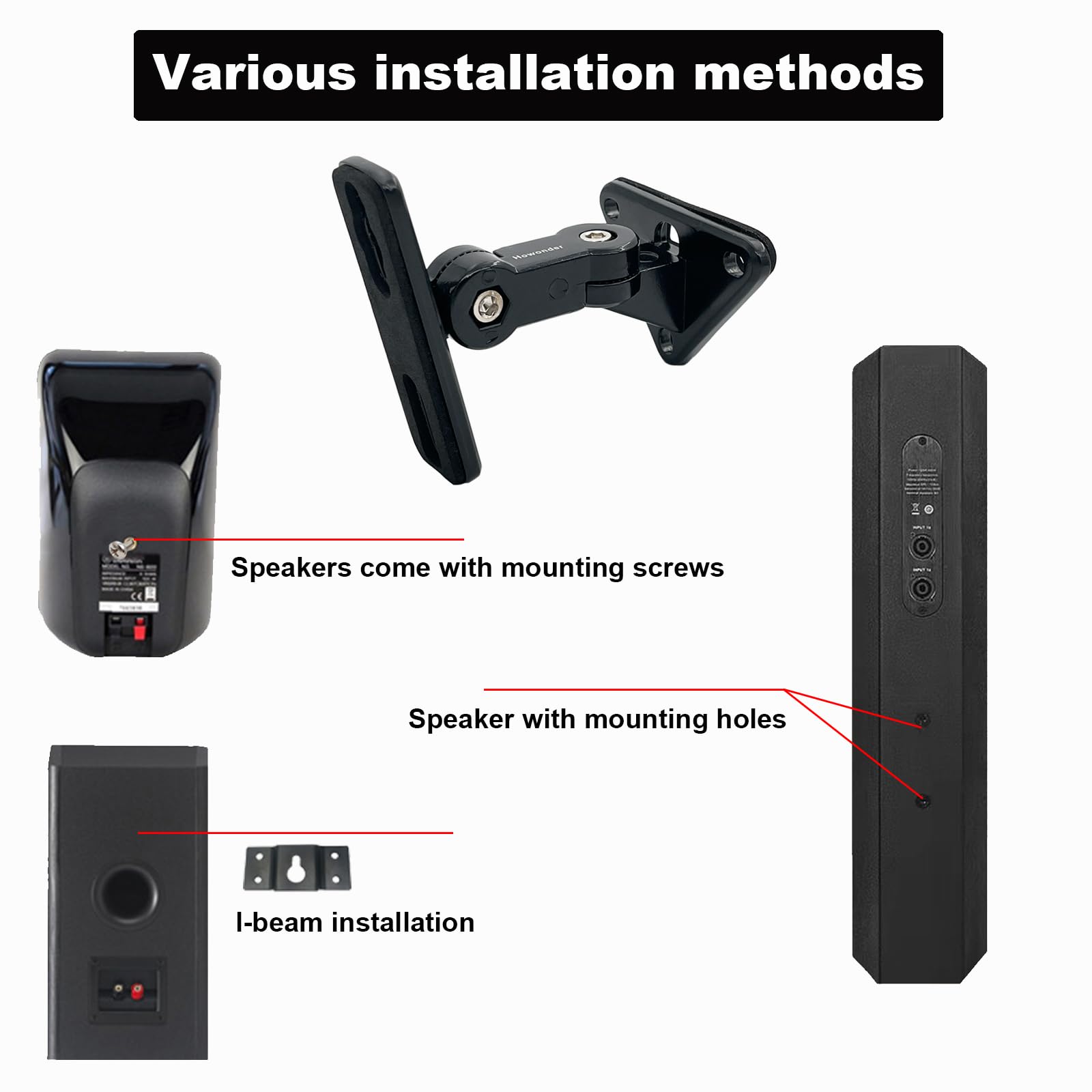 HD-15 - Soporte de pared universal para altavoces, montaje en pared para altavoces pequeños, giratorios e inclinables, soporta hasta 15 libras (2 paquetes de color negro)