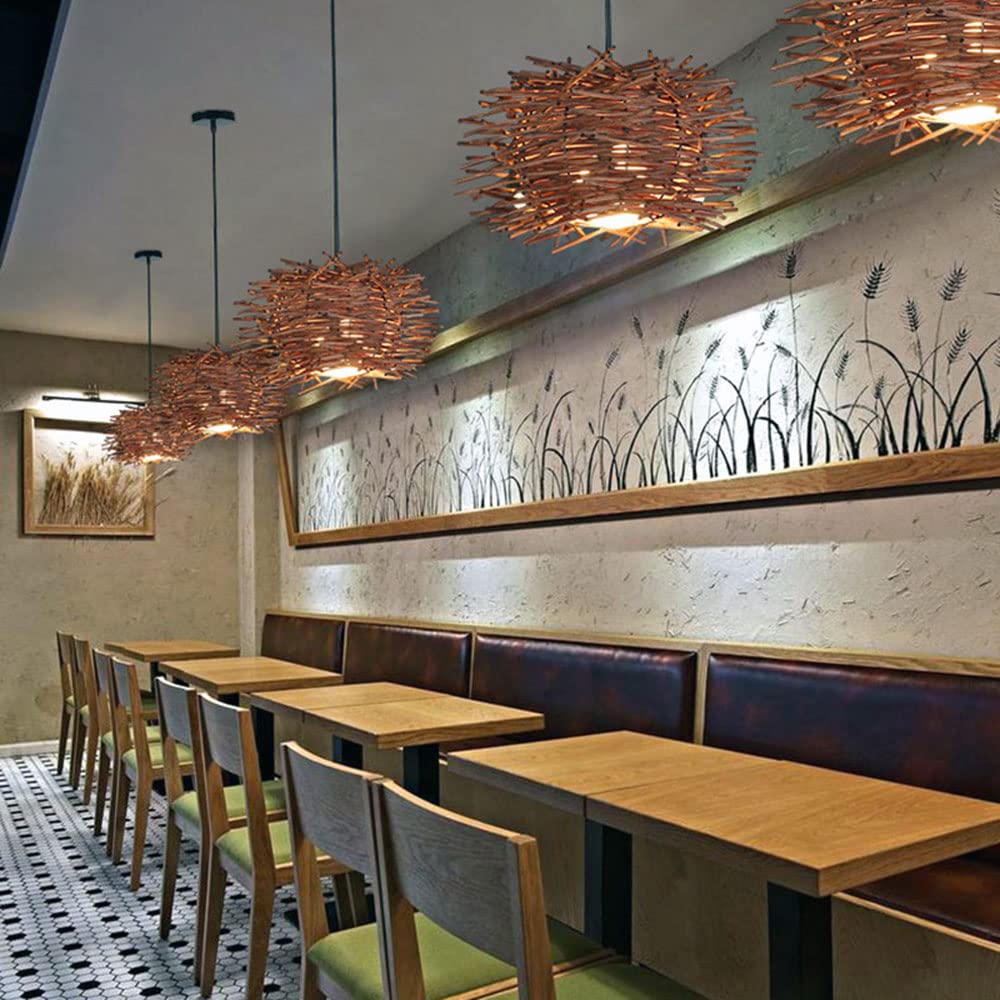 Lámpara colgante de ratán bohemio, lámpara colgante, lámpara de techo con cesta de ratán japonesa retro, iluminación colgante de 1 luz, lámpara decorativa de nido de pájaro de mimbre para rest