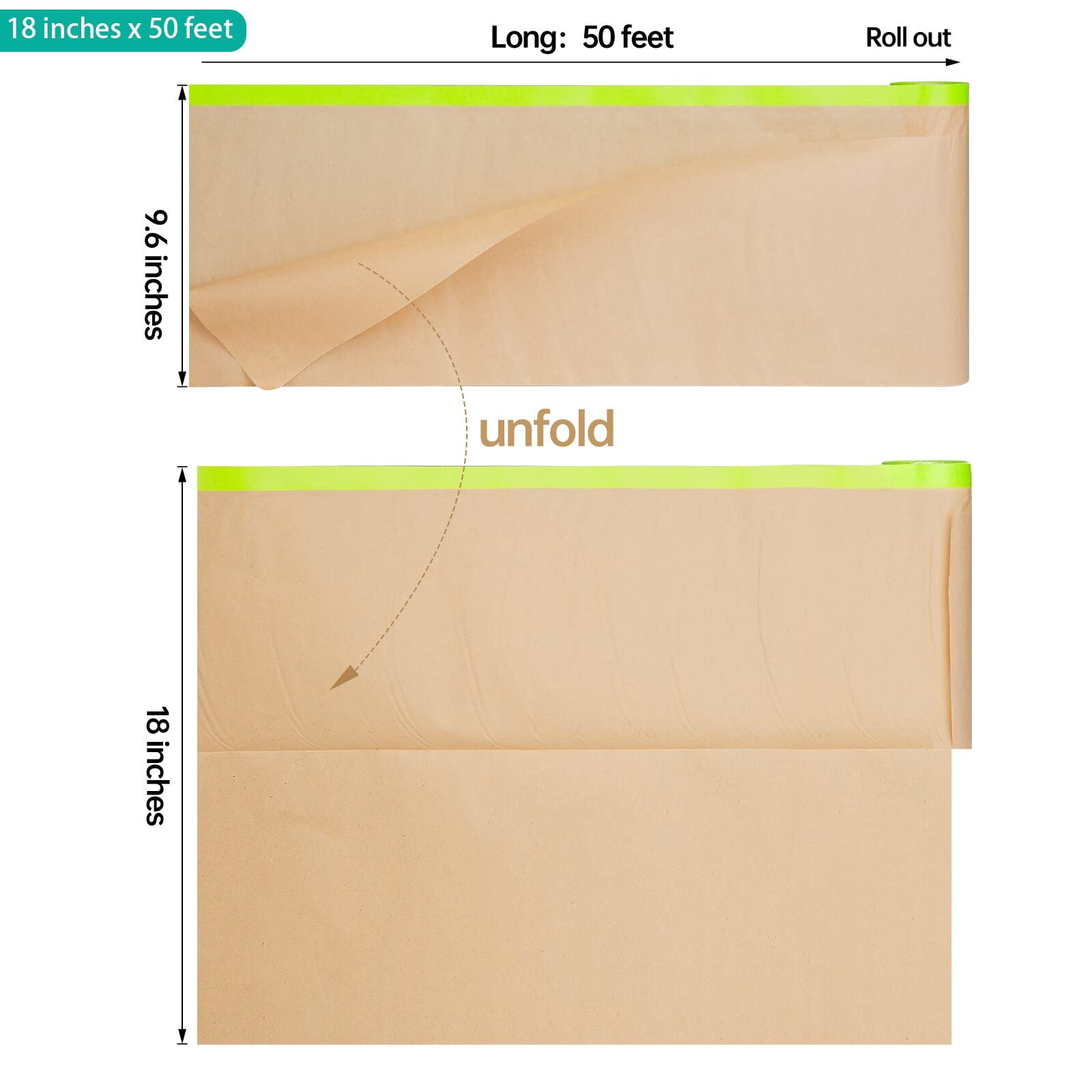 Papel de enmascarar precintado para pintar, cinta adhesiva de 18 pulgadas x 50 pies, rollo de papel protector adhesivo de pintura para cubrir zócalos, marcos, automóviles y carrocería de automóviles