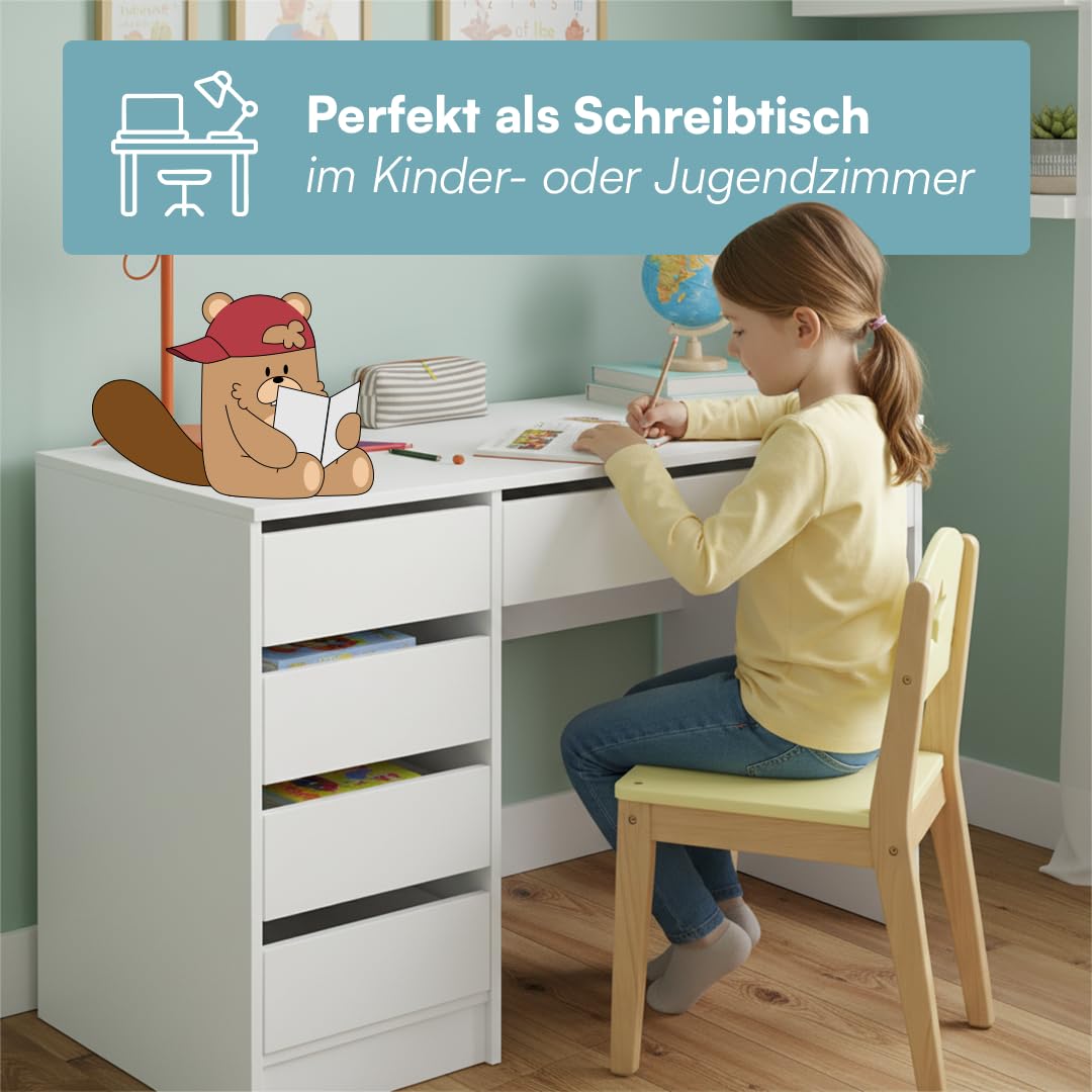 Bellabino Nore Kinderschreibtisch in Weiß mit 5 Schubladen - Jugendschreibtisch 110x53 cm - Schreibtisch Kinder ab 6 Jahren - Schülerschreibtisch mit Schubladen beidseitig montierbar für Kinderzimmer