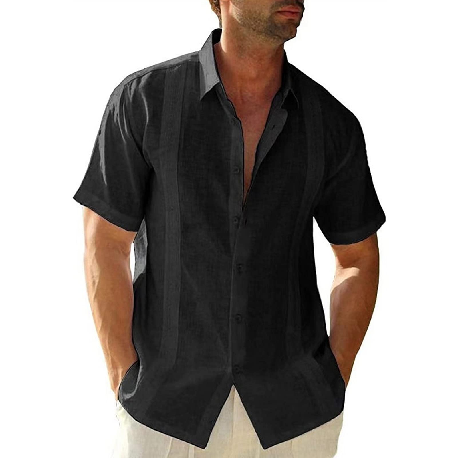 Maiyifu-GJ Men's Short Sleeve Cotton Linen Shirts Lightweight Summer Button Down Shirt Plain Tropical Holiday Beach T Shirt (Black,Large)