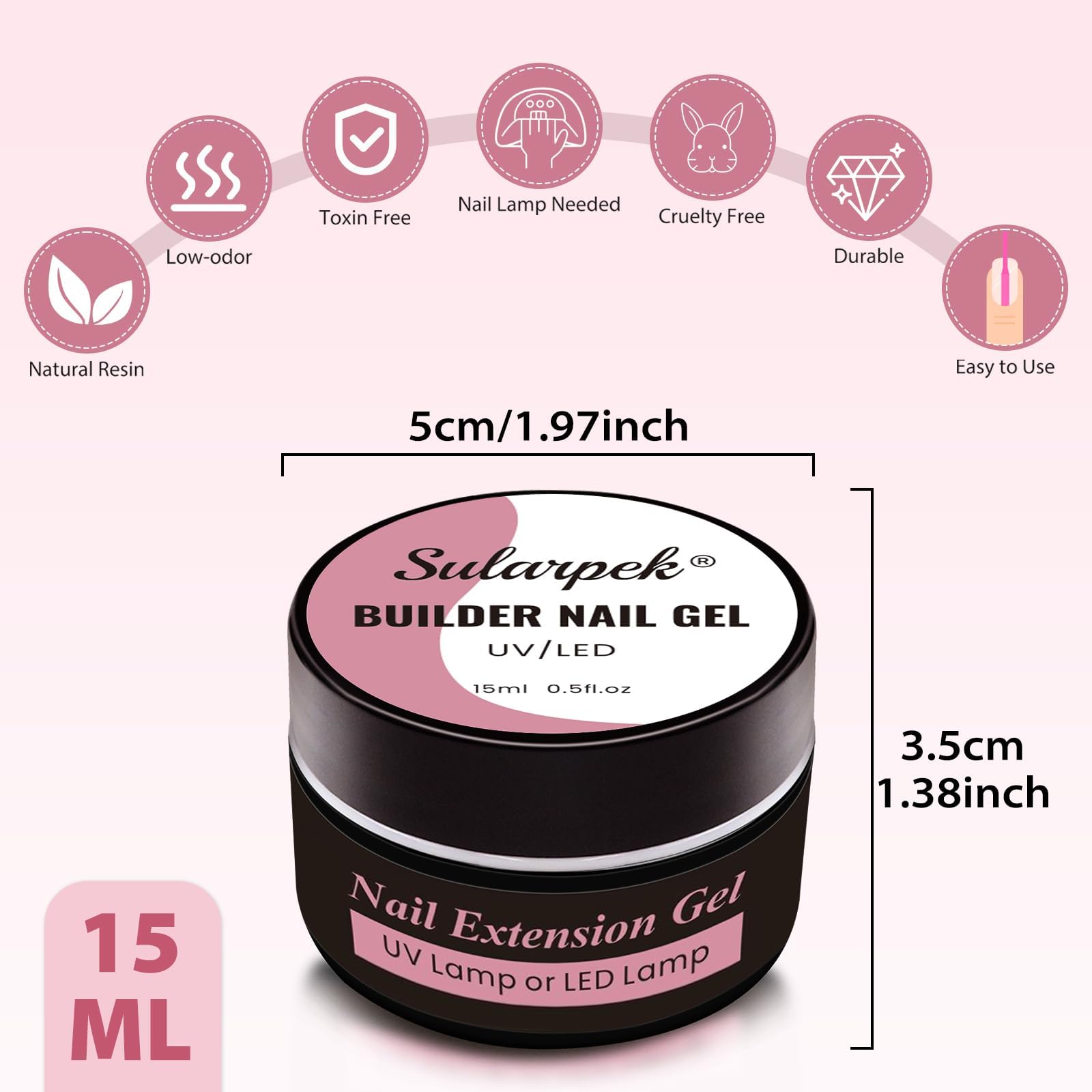 Sularpek Żel do paznokci żelowych, 15 ml, żel UV, żel budujący do paznokci żelowych, żel akrylowy do paznokci, bez HEMA i TPO, lakier do paznokci UV do naprawy paznokci, przedłużenie wzmocnienia do