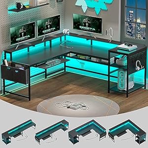 SEDETA L Shaped Gaming Desk, Reversible Computer Desk, Gaming Desk with Power Outlets & LED Strip, Monitor Shelf, Keyboard Tray, Pegboard and Storage Shelves for Home Office, Black