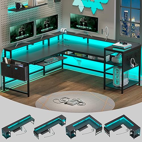 SEDETA L Shaped Gaming Desk, Reversible Computer Desk, Gaming Desk with Power Outlets & LED Strip, Monitor Shelf, Keyboard Tray, Pegboard and Storage