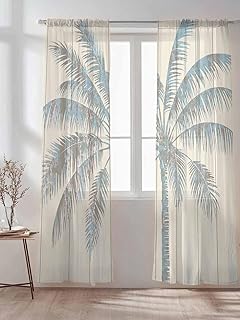 Semi Sheer Curtains 96 inches Long, Tropical Palm Tree Vintage Wood Window Treatments Curtains,Light Filter Curtains Rod Pocket Drapes for Living Room Bedroom,2 Panels