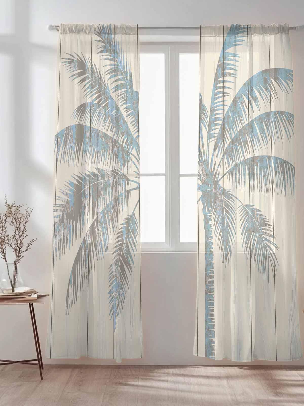 Semi Sheer Curtains 96 inches Long, Tropical Palm Tree Vintage Wood Window Treatments Curtains,Light Filter Curtains Rod Pocket Drapes for Living Room