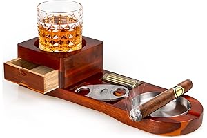 Wooden Cigar Cutter Set with Ashtray, Coaster, Whiskey Glass, Ash Tray, Slot,...