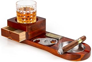Cigar Ashtray Coaster Whiskey Glass Tray and Cigar Holder, Wooden Ash Tray, Slot to Hold Cigar, Cigar Rest, Cigar Accessories Set Gift for Men Dad, Great Decor for Home,Office or Bar