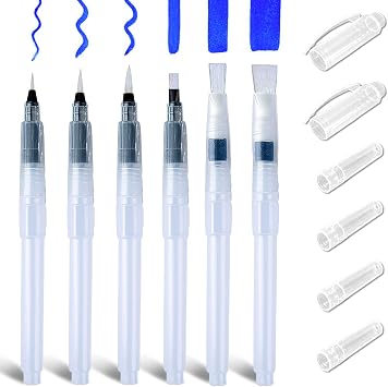 Watercolour Brush Pen Set with Refillable Reservoir, 6 Pieces 6.1 Inch Professional Watercolour Brush Set, Water Brushes with Fine/Medium/Large Tips for Painting and Watercolours