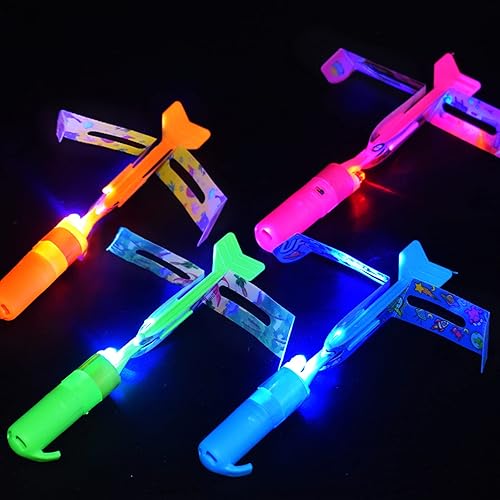Miniatura 5 de JX Rocket Slingshot - Juguetes voladores con luces LED, 12 helicópteros de flecha LED + 12 lanzadores, juego de verano al aire libre, juguete de