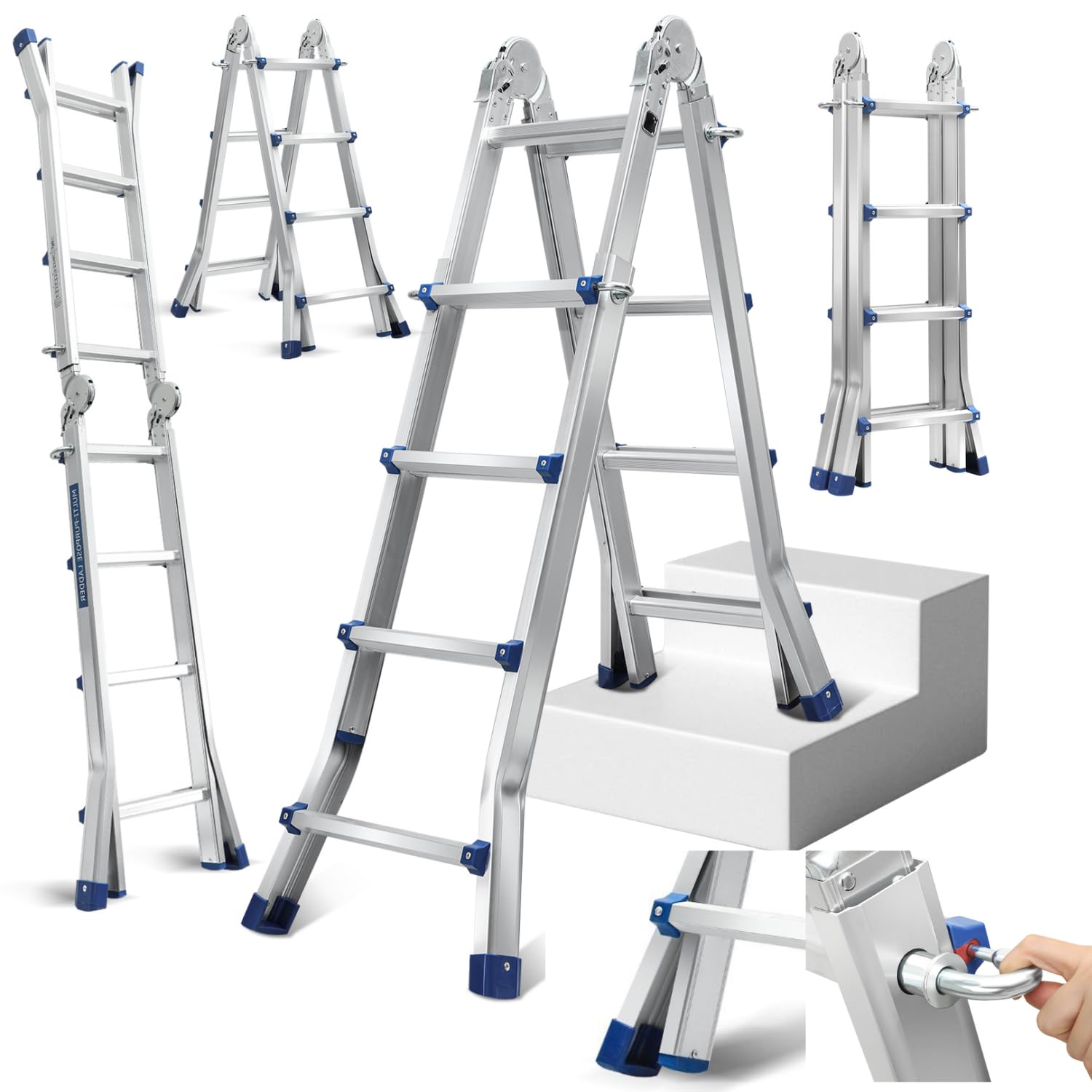 Fiqops Scala telescopica 4 m x 4 gradini, in alluminio, antiscivolo, portata 150 kg/330 LB, scala in alluminio allungabile