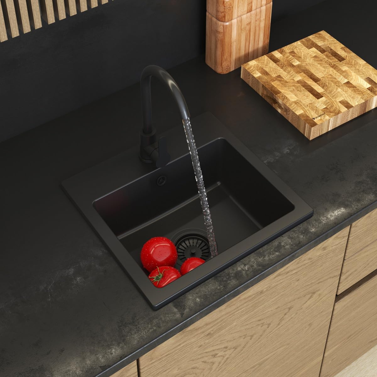 Granitan Spülbecken 44,5x41,5 cm mit Siphon, Granitspüle mit Zwei Löchern | Waschbecken für Küche mit Küchenarmatur, Einbauspüle Milos, Tiefschwarz (auch Schwarz Siphon)
