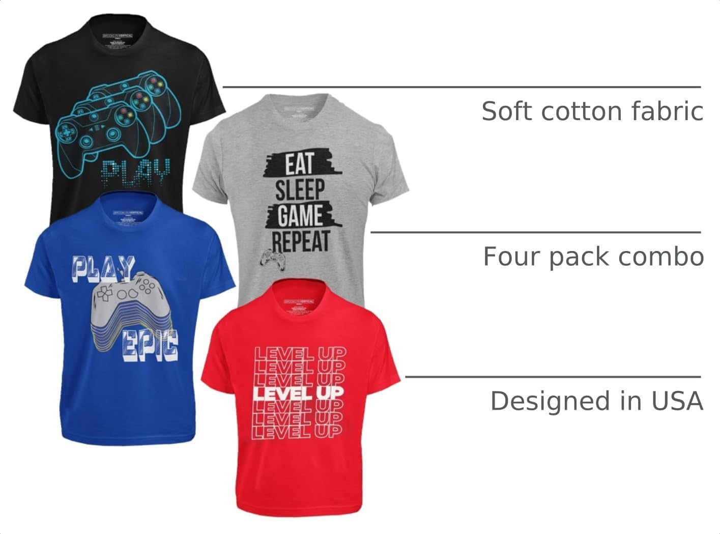BROOKLYN VERTICAL Boys Graphic T Shirts 4 Pack Cotton Tees Gaming Video Gamer Prints, Short Sleeve Crew Neck Kids Sizes 6–20 image 4