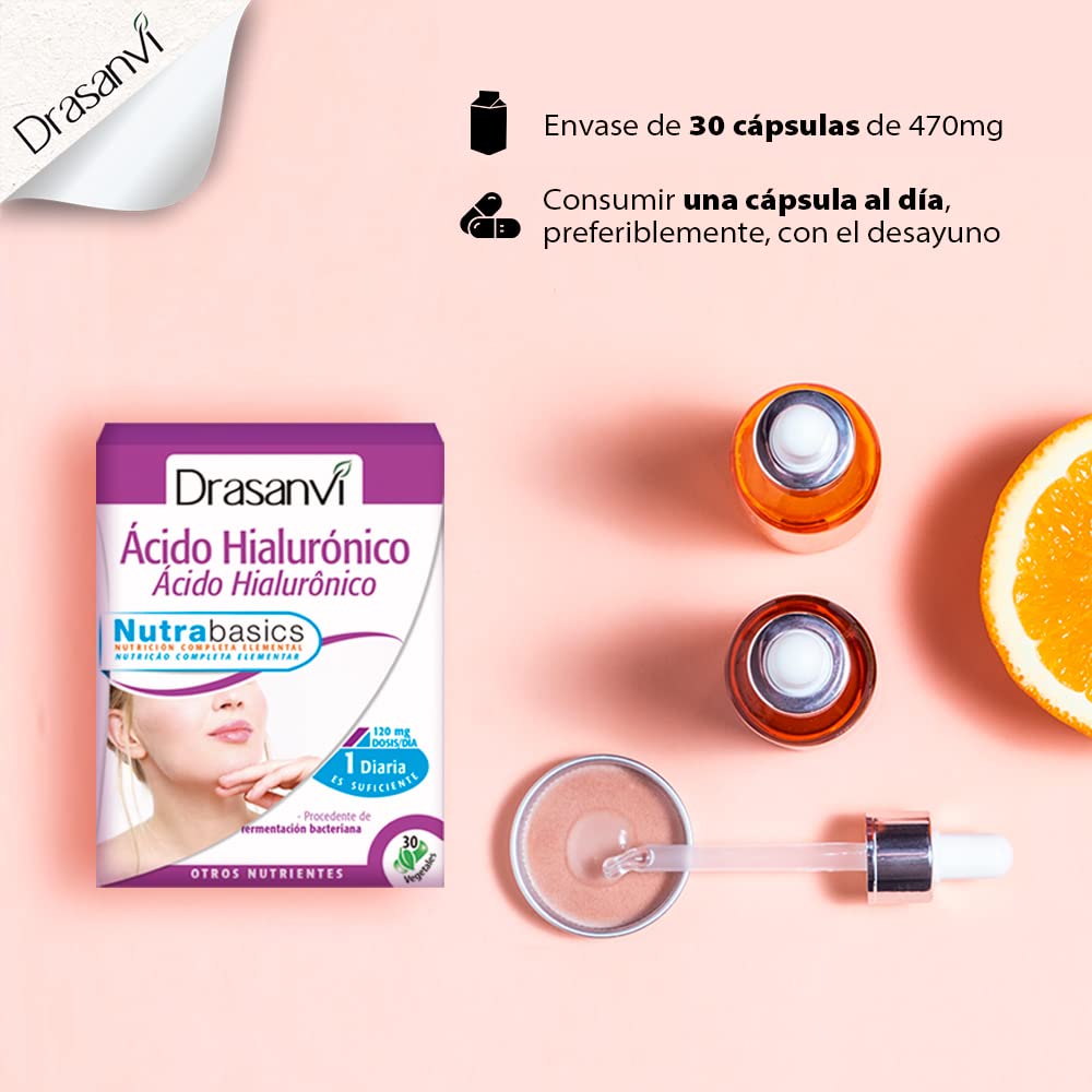 DRASANVI Ácido Hialurónico Procedente de Fermentación Bacteriana | Función Estructural para Piel, Cartílagos y Articulaciones | Hidratante Natural | para Veganos | 30 Cápsulas Vegetales = 30 Días