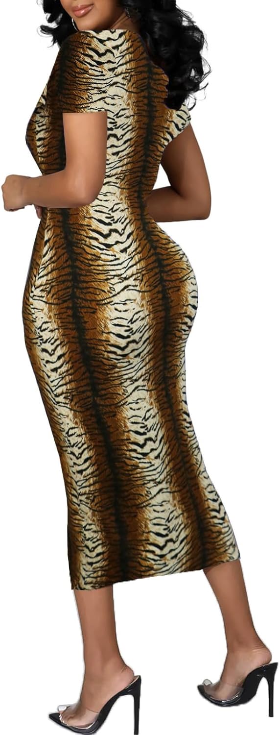 Women's Long Bodycon Dress - Summer Casual Short Sleeve Midi Club Party Fitted Tight Dresses - Image 3