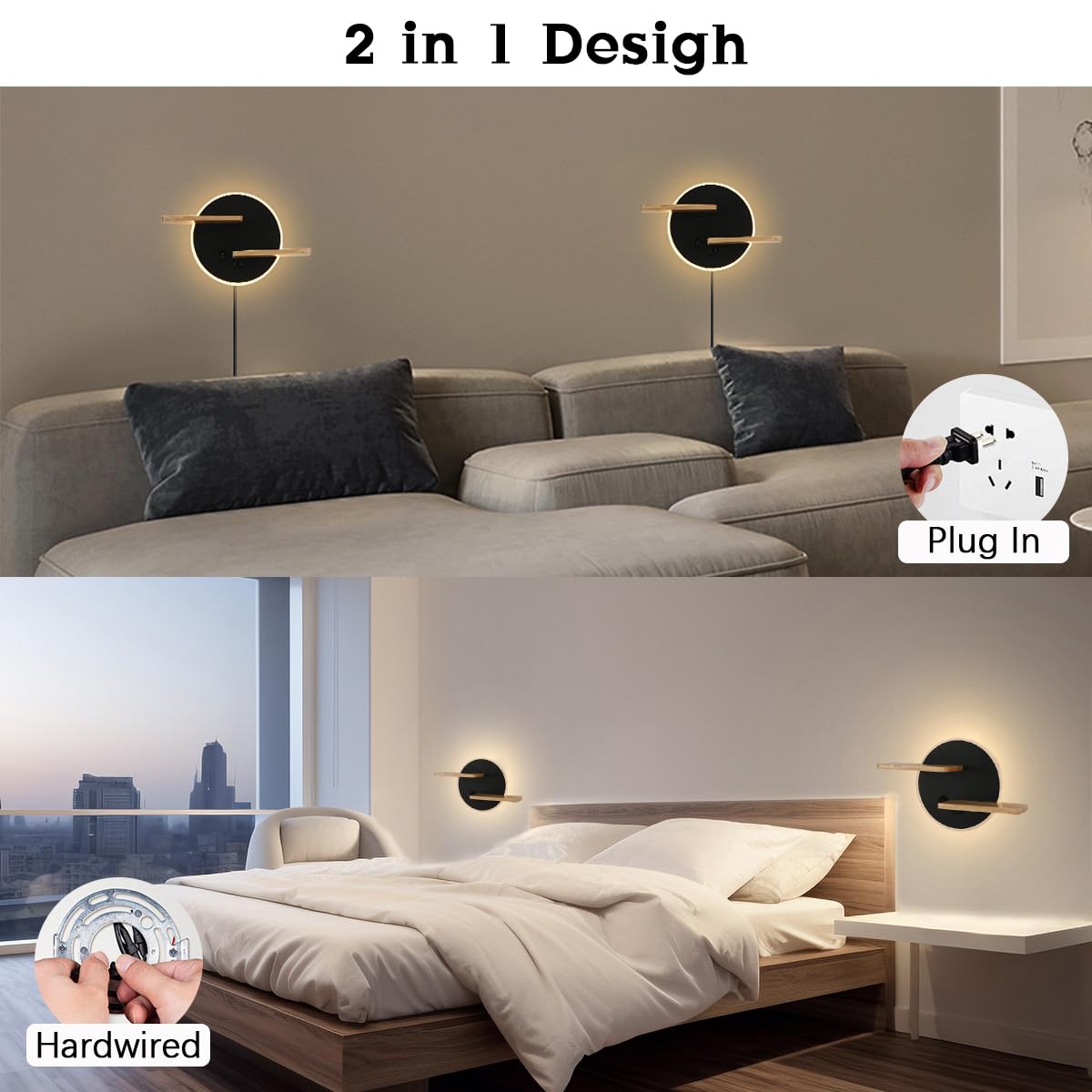 Kinkiety wewnętrzne LED z włącznikiem i przyłączem USB do ładowania, lampka nocna, 3 kolory, regulowana lampka do czytania dla dzieci, z drewnianym regałem, oświetlenie ścienne do salonu, sypialni