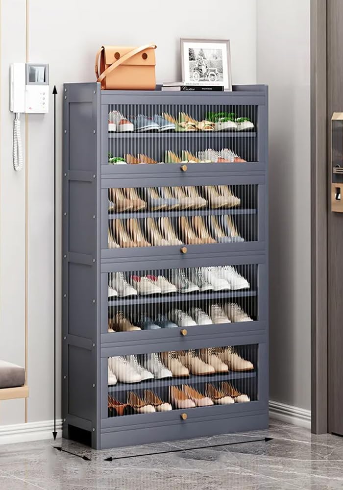 Gabinete de zapatos de bambú, puerta transparente, estante de zapatos de gran capacidad, con puerta plegable (Gris, 80cm,9capas)