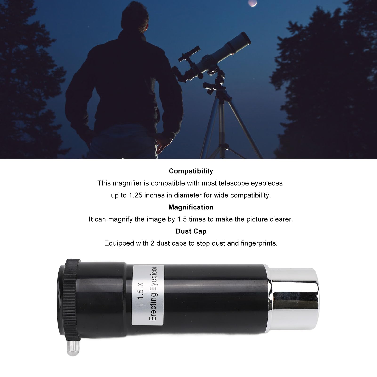 Lente Barlow 1.5X, Lentes Barlow para Telescopio con Dos Tapas Antipolvo, Accesorios para Telescopio de 1.25 Pulgadas para Fotografía y Visualización Astronómica