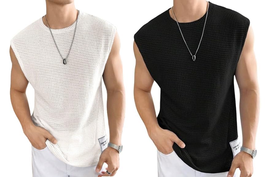 Image of Men's Waffle Tank Tops - Sleeveless Round Neck Polycotton Vest T-Shirts for Gym, Workout & Casual Wear(Pack of 2)