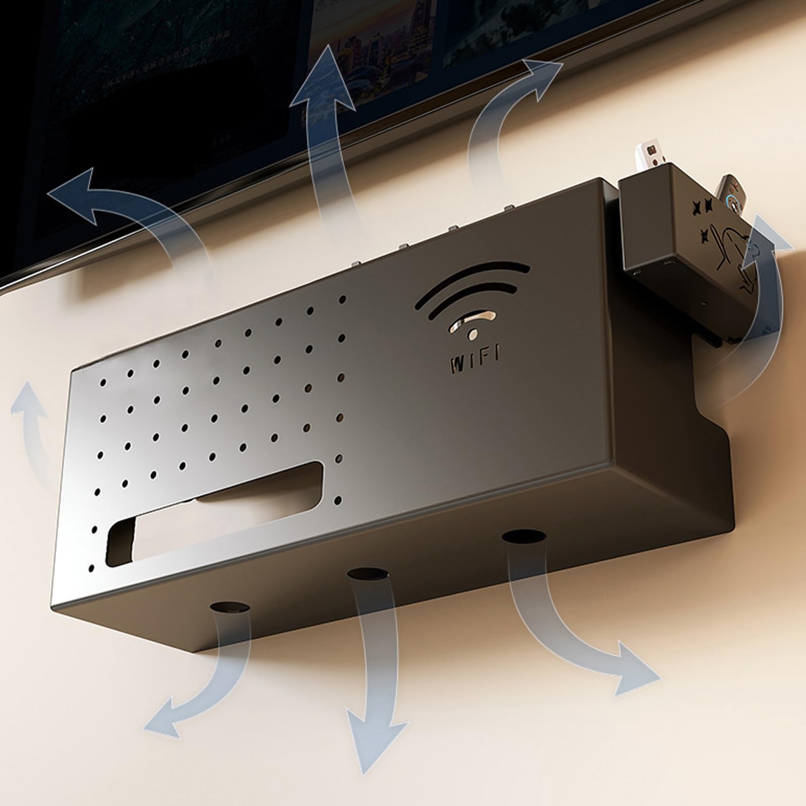 Catekro Organisateur de routeur WiFi Support mural pour le salon et le bureau Couvercle de gestion des câbles avec trous de ventilation Organisateur de routeur pour le cordon d'alimentation (noir)