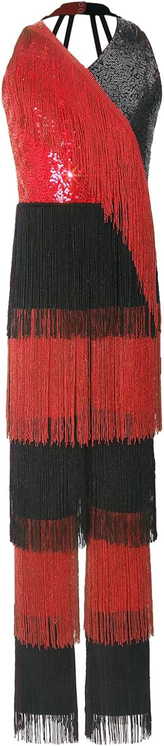 TiaoBug Girls Hippie Star Dress-up Retro Ballroom Overall Latin Jazz Dance Fringed Tassels Disco Performance Bodysuits Red 16 Years