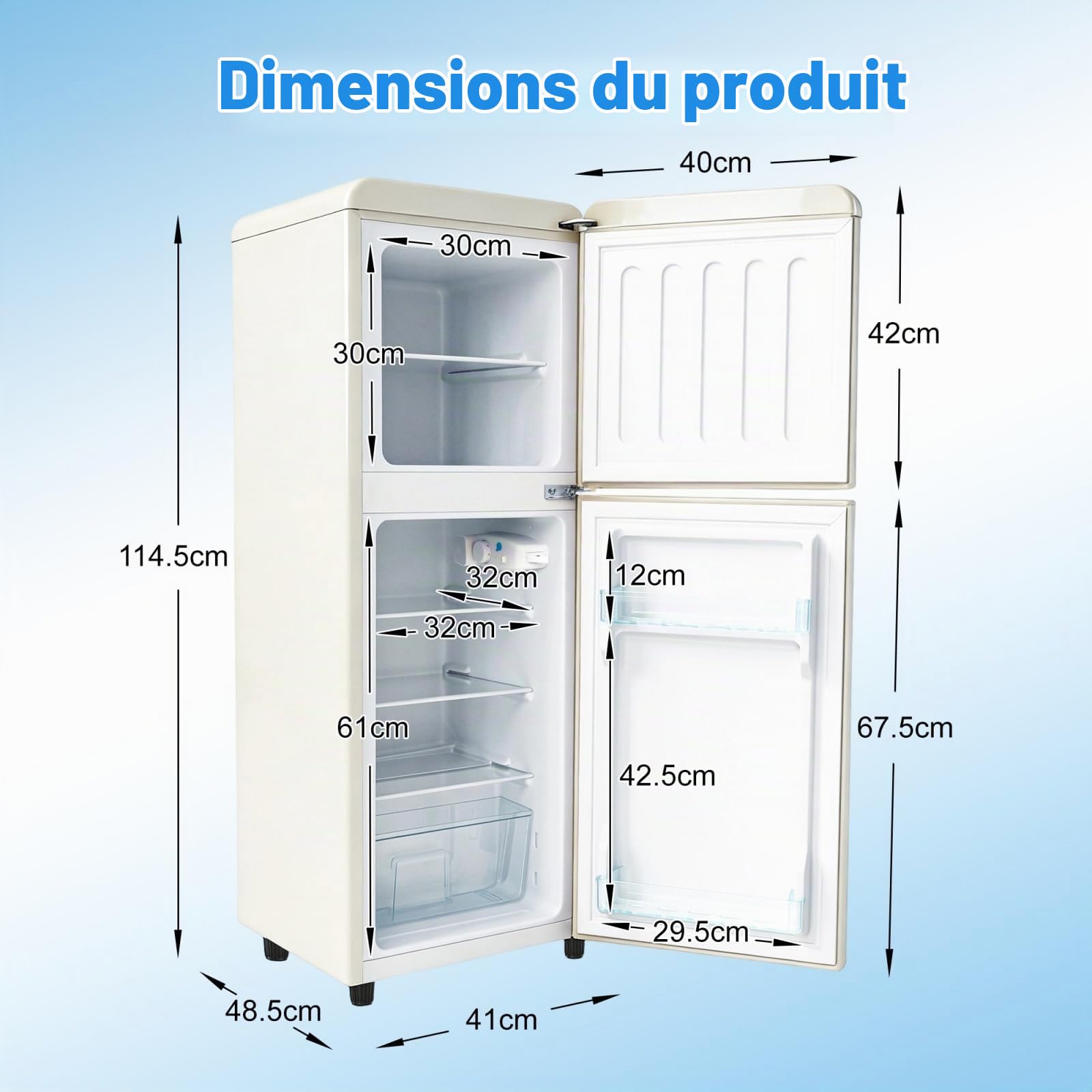 Sweiko Double door refrigerator (112 litres), 72 litre fridge compartment + 40 litre freezer compartment, 7 temperature settings, energy class E (off white)