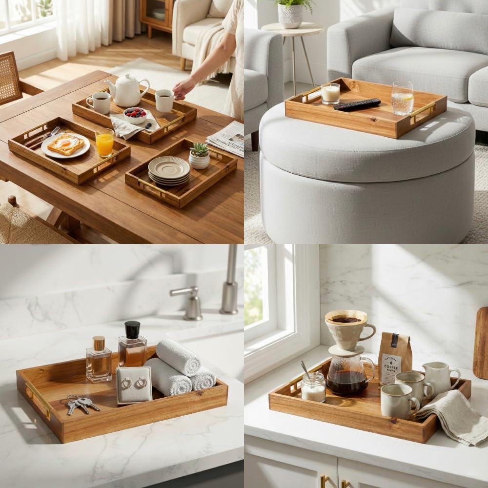 Juego de 3 bandejas decorativas para servir, madera de acacia + asas de acero dorado, mesa de café u bandeja otomana para desayuno en la cama, joyería y organización de decoración