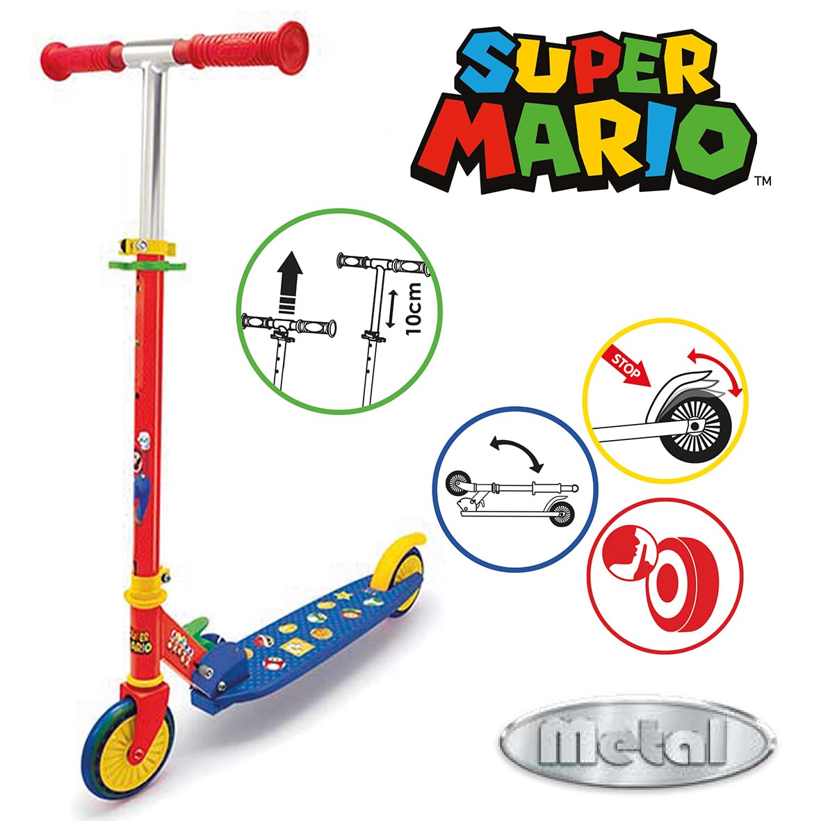 Smoby - Monopattino Super Mario con 2 ruote, Manubrio regolabile, pedana antiscivolo, struttura in metallo resistente. Dai 5 anni in su, 7600750370