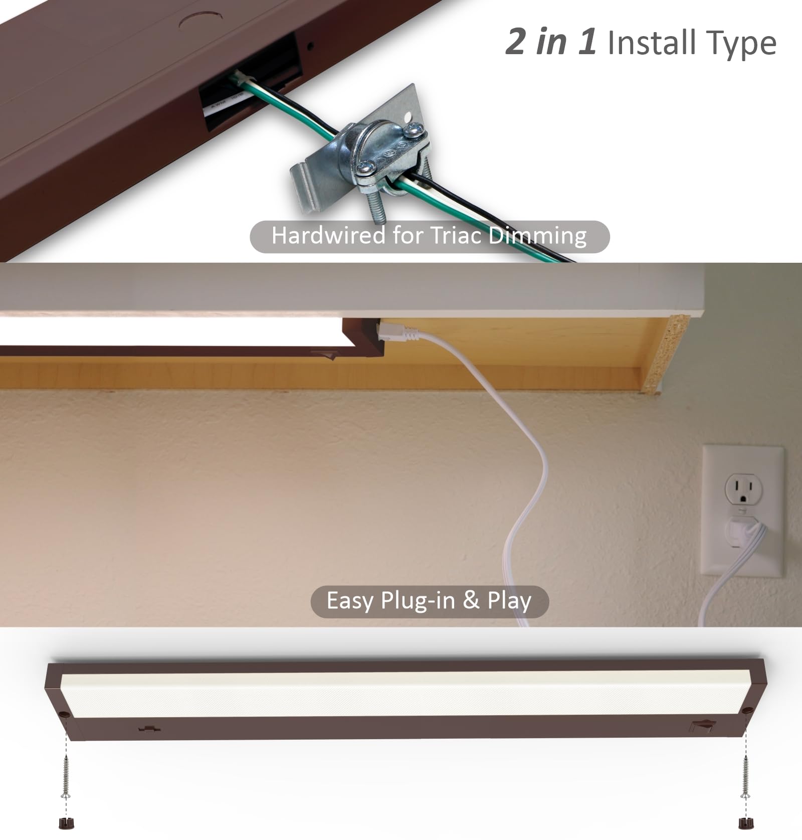 Leetdud - LED Unterschrankbeleuchtung 16" 8W steckbar 5 Farbtemperaturen 2700K/3000K/3500K/4000K/5000K, ETL-geprüft, dimmbar, verdrahtet oder steckbar für