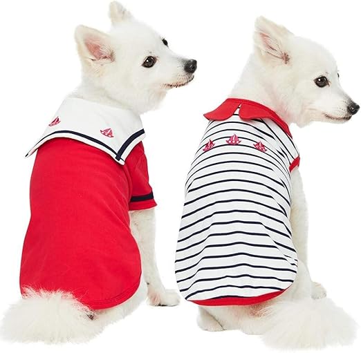 Blueberry Pet Soft & Comfy Summer Vacation Beach Cotton Dog T-Shirts, Cerise Red, 2 Pack, Sailor Suit Shirts Tank Top Clothes, Back Length 14", for Small Medium Dogs