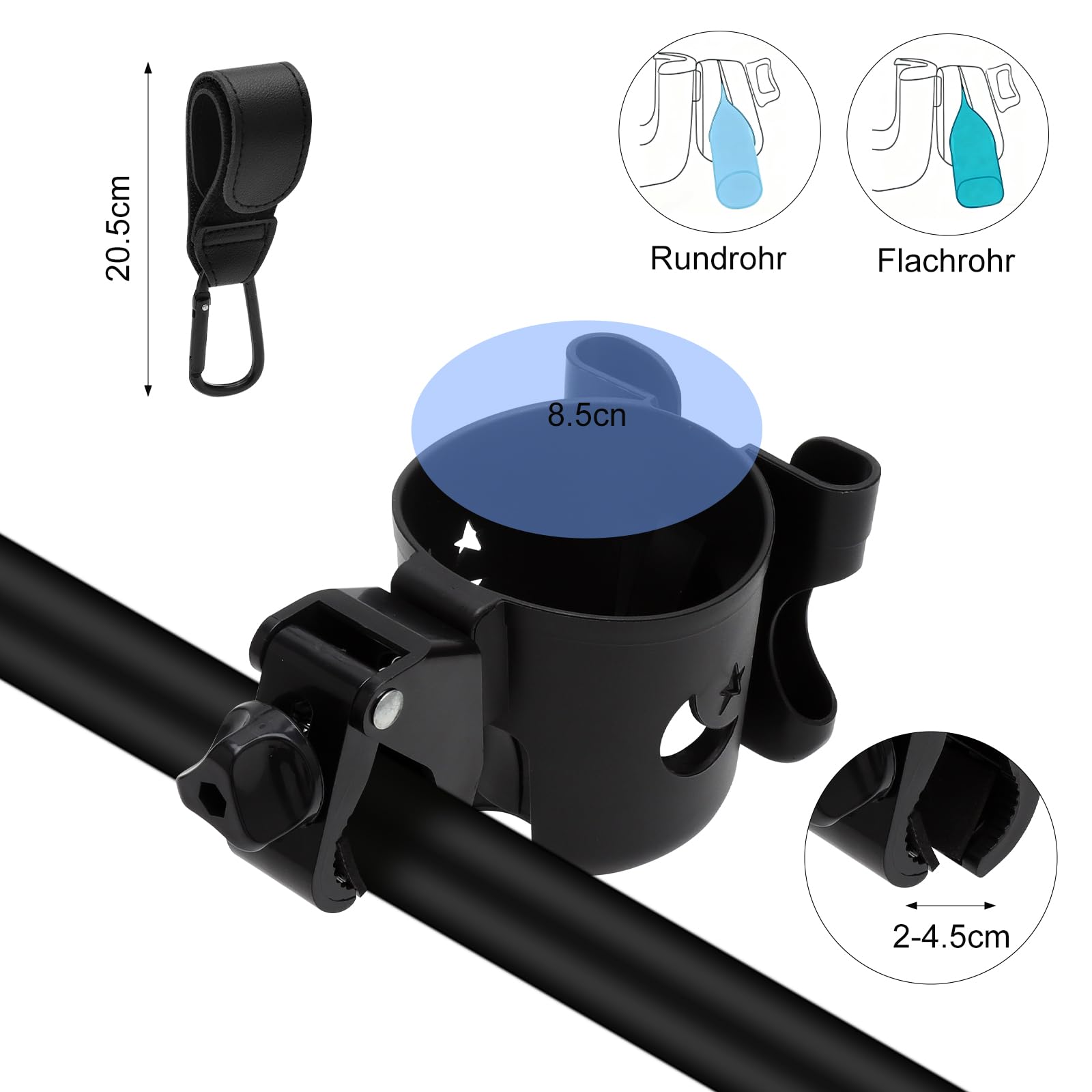 VOSSOT Portavasos Carrito Bebe, 1 Portavasos para Cochecito con 2 Ganchos para Cochecito de Bebé, con Rotación de 360 Grados, Accesorios Carrito Bebe Negro