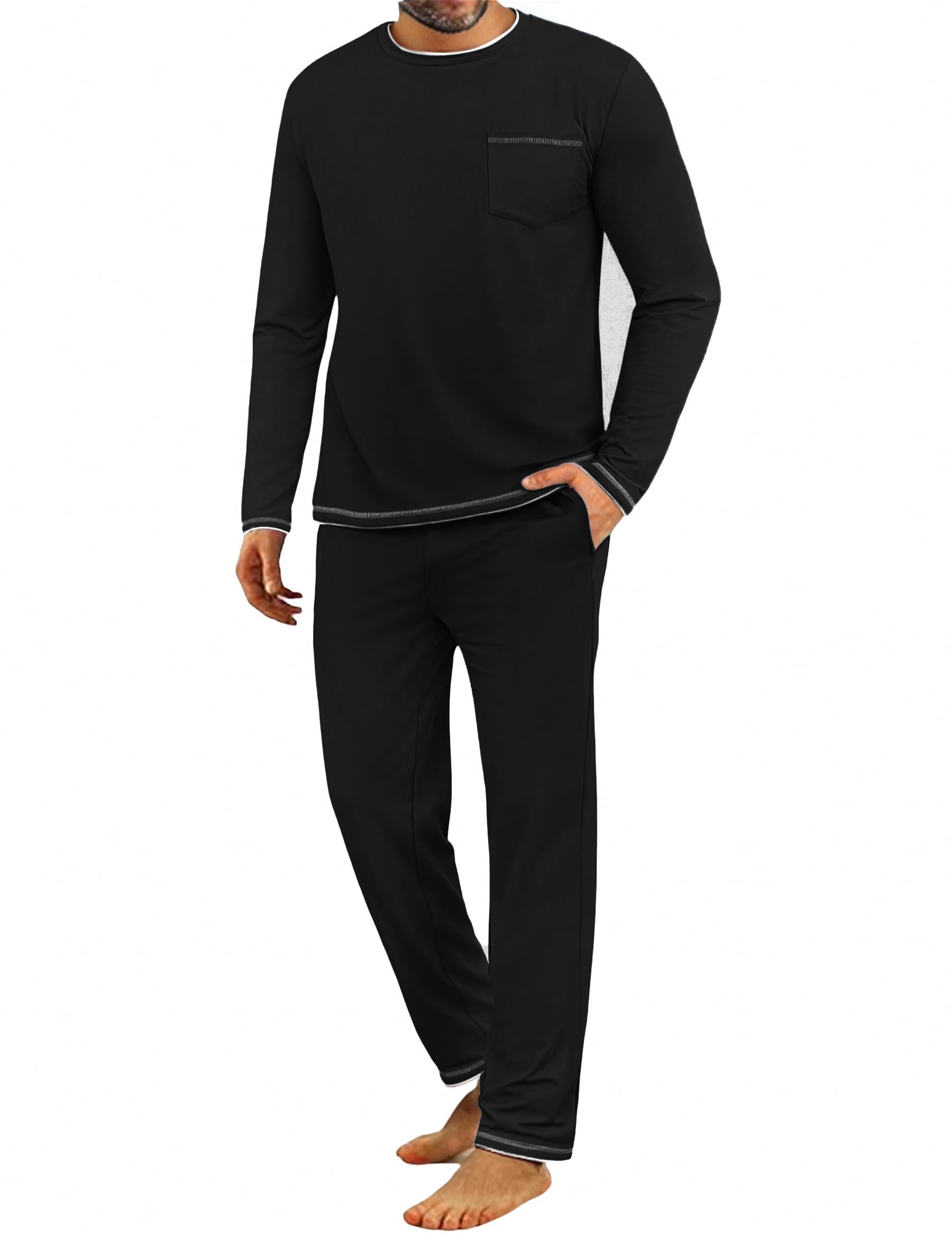 Mens Pyjamas Set Long Sleeve Crew Top and Cotton Lounge Pants Winter Mens PJS Sets Loungewear Sleepwear