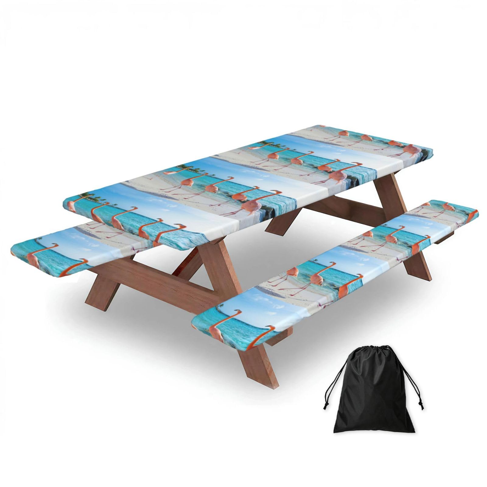 Zyjhyy Black Pink Flamingo On Beach Print 3 Pack Wipeable Picnic Bench Cover And Table Cover Lightweight Table Cloth For Camping Outdoor