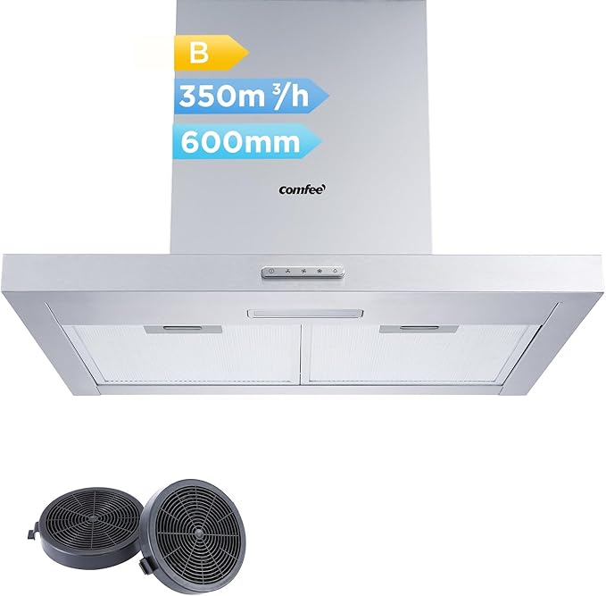 COMFEE' Cappa Aspirante 60 TSHM17SS-60 Acciaio Inossidabile Cappa Cucina Con LED, Sistema Di Ricircolo E Canalizzazione E Filtri A Carbone